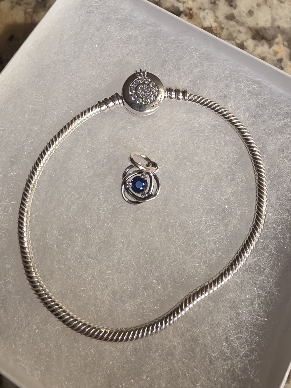 Pandora Sterling Silver Snake Chain Bracelet with Sapphire Blue Charm